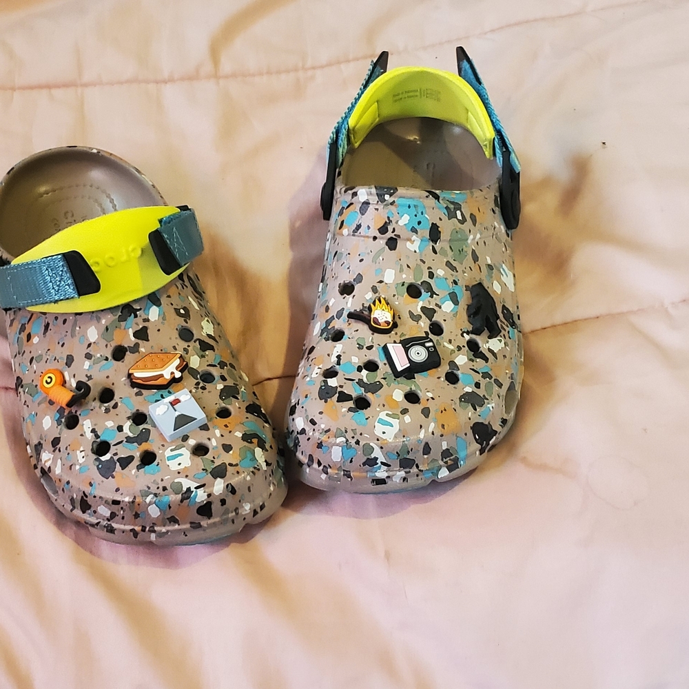 CROCS Speckled with Velcro Straps. All Jibitz are Included. Size W6